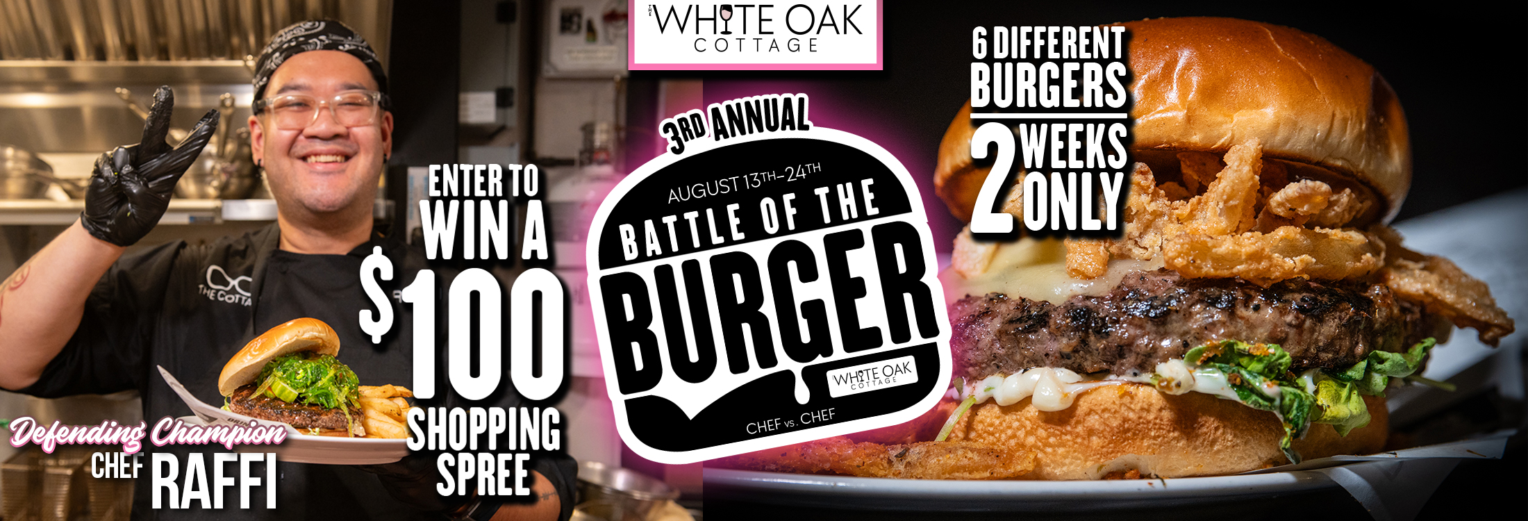 Battle of the Burger III at The White Oak Cottage in Lithia. Runs August 13th until August 24th. 2 Weeks Only. 6 Burgers to Choose from. Vote for your favorite and be entered to win a $100 Shopping Spree!
